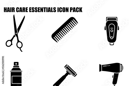 Hair care essentials displayed as simple, black silhouette icons. Professional hair care tools in a modern, minimalist design for a salon or barbershop.
