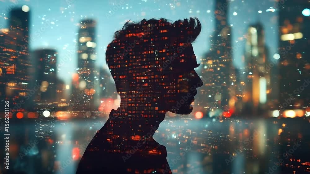 Double exposure of a man in deep thought blended with a modern city skyline at night, highlighting the fusion of human intellect and smart 