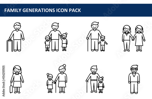 Family generations icons with diverse demographics in various clothing styles. Icons depict various family members standing together in a friendly pose with simple backgrounds.