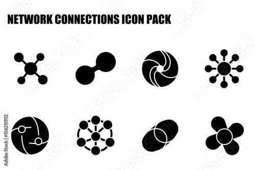 Network connection icons in various shapes and styles. Abstract graphic representations of interconnected nodes with lines or connections.
