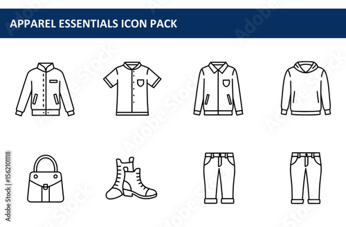 Apparel Essentials Icon Pack. Various garments for different demographics in a simple, line art style.