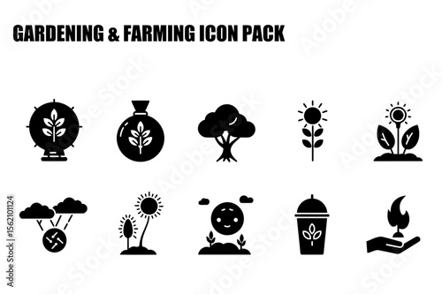 Gardening and farming icons in various stages of growth and care. Simple, black and white illustrations depicting agricultural elements with no people or specific demographics.