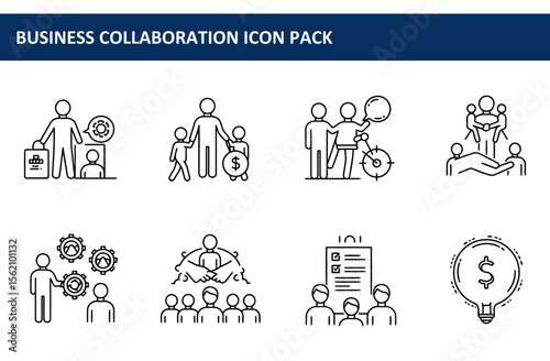 Business collaboration icons set featuring diverse team interactions in various settings.