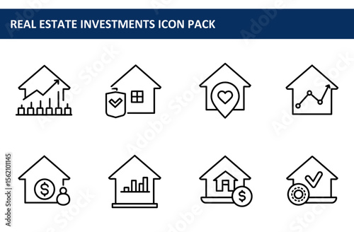 Real estate investment icons displayed in a grid format. Simple, black and white line drawings depict various investment aspects of real estate.