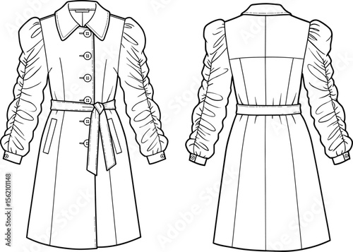 Trench coat with ruched sleeves, button front and belt tie, detailed fashion flat sketch, vector apparel cad drawing illustration