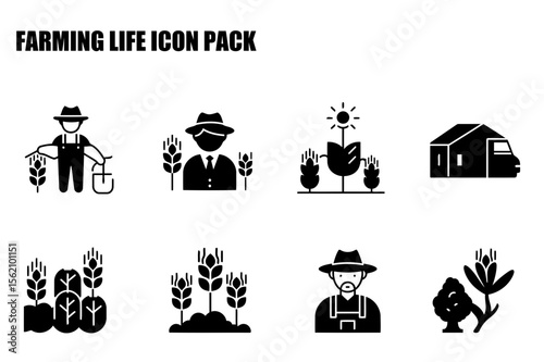Farming life icons depicting various agricultural elements in a flat style. Farmers in different attire working with crops, plants, and farm buildings.