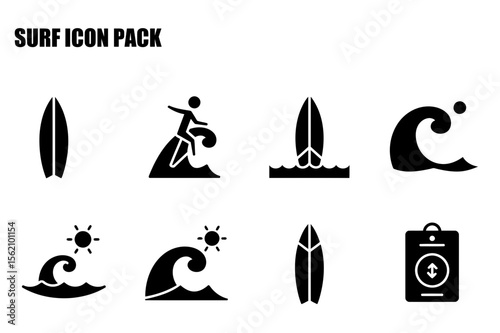 Surf icon pack with various activities and elements. Surfing action/pose with ocean background and various related items.
