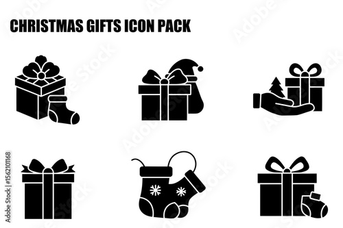 Christmas gift icons in a set against a white background. Silhouettes of wrapped presents, Christmas stockings, and Santa's sack.