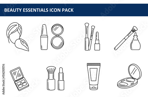 Beauty essentials line art illustrations of various makeup items in a flat style. A collection of makeup items for the design, showing different products with a neutral background.