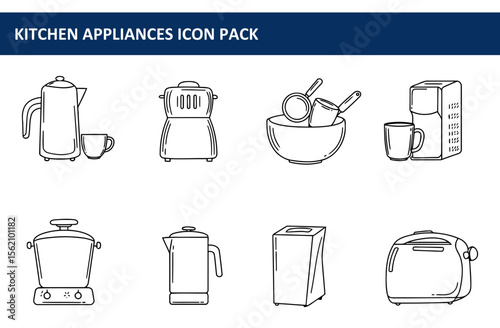 Kitchen appliance icons in a variety of styles. Line drawings of coffee maker, kettle, toaster, water dispenser, mixing bowl with utensils, and more.