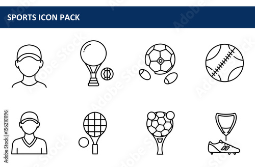 Line art icons depicting various sports equipment and figures. Collection of sports icons for a sports themed design project.