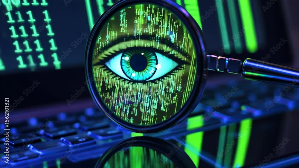 Magnifying glass with digital eye and code.