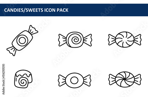 Candy icons in a variety of shapes and wrappers in a simple line art style. Set of icons for candies and sweets with a minimalist presentation.