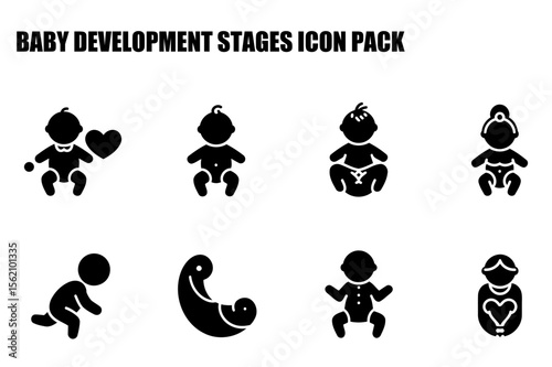 Baby development stages icons in various poses and stages of growth. Simple black and white figures of infants representing different developmental phases on a plain white background.