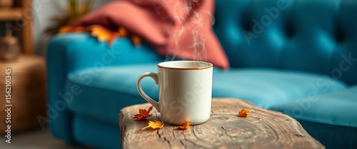 Steaming mug on rustic wood, blurred blue sofa backdrop, cozy autumn/winter scene,  season, autumn