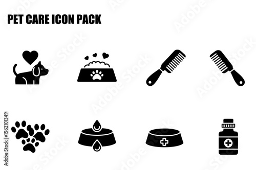 Pet care icons featuring a dog, food, grooming tools, and medicine for use in a pet care guide or veterinary website.