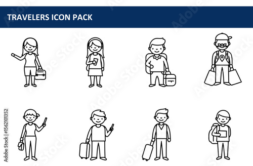 Line art illustrations of diverse travelers in casual wear, standing in various poses carrying luggage, bags, and shopping items. Different age groups and genders, representing tourists.