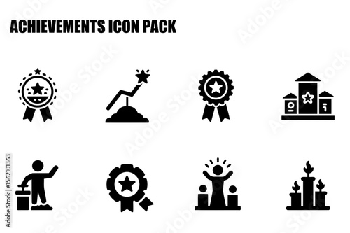 Achievement icons with various representations of success. Simple, stylized icons of awards, podiums, and celebratory figures against a white background.