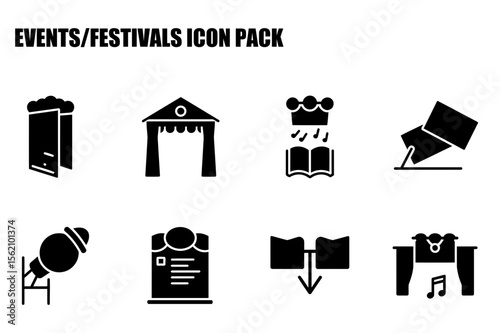 Event venue icons depicting various festival elements in a simple, stylized manner. Black and white illustrations representing different elements of a festival.
