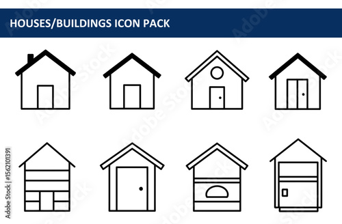 Set of various house/building icons in simple line art style. Multiple house styles displayed in a flat, graphic format.