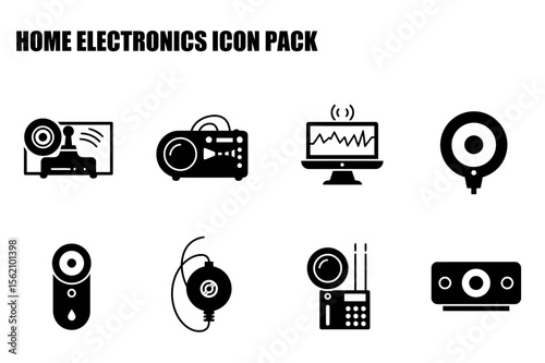 Home electronics icons depicting various devices in a modern setting.