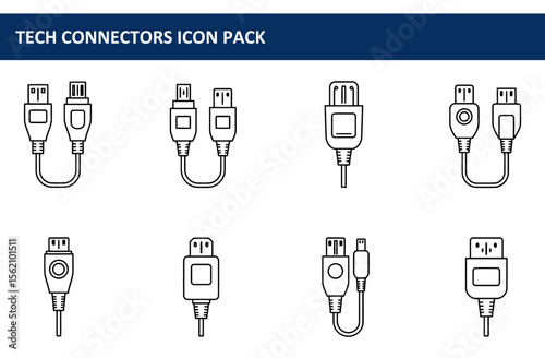 Technical illustration of various tech connectors in a clean, simple line art style. Multiple connector types displayed in a consistent format against a plain white background.