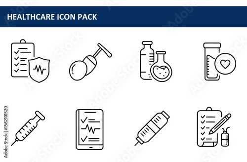 Healthcare icon pack depicting various medical instruments and tools in a simple, clean line art style. Basic tools for treatment, care and monitoring in a medical setting.
