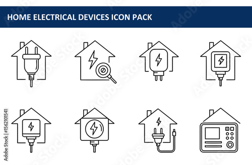 Home electrical devices icon set with various configurations for residential use. Simple line illustrations of plugs, home-style power boxes, and other electrical apparatus.