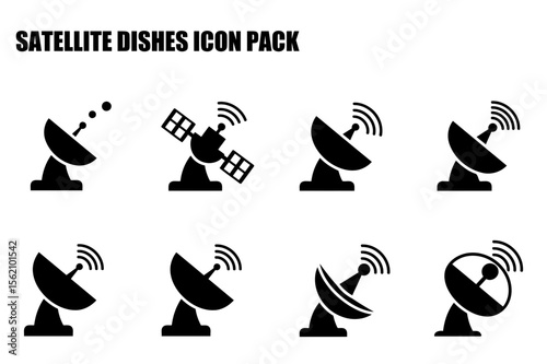 Satellite dishes and spacecraft icons in a simple graphic design. Flat black icons of satellite dishes and spacecraft, set against a white background for clarity in technical illustrations.