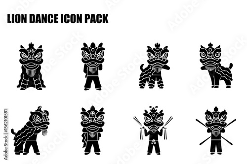 Lion Dance Icon Pack in silhouette design showing various poses. Traditional Chinese lion dance performers in costumes, standing in various action poses.
