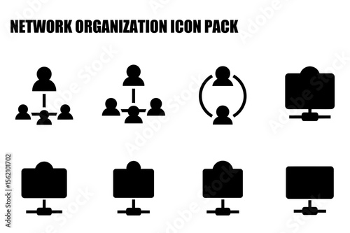 Network organization icons depicting hierarchical, networked, and connected elements. Simple, black and white icons representing different organization structures and technology connectivity.