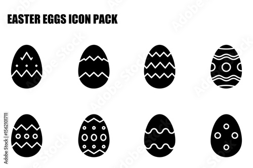 Easter egg icon pack showing various decorative designs on the eggs against a plain white background. Collection of flat icons suitable for use in a variety of design applications.