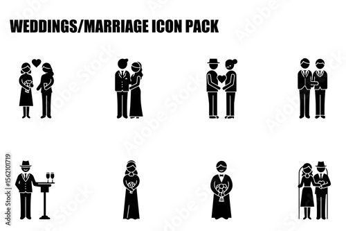 Wedding couples and wedding party icons in various styles and poses. Diverse couples and wedding party members in formal attire.