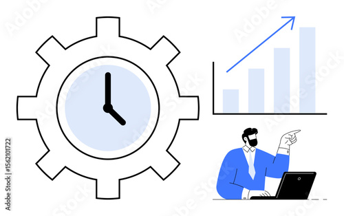 Gear with clock, growth chart, and professional at desk highlight time management, efficiency, and success. Ideal for productivity, planning, organization, strategy teamwork management simple flat