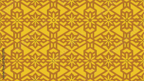 Seamless geometric pattern with floral and diamond motifs in gold and brown background