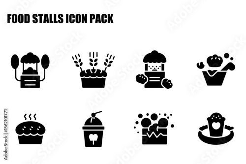 Food stalls icon pack showing various food items, displayed in simple, black and white iconographic style.