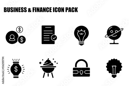 Business and finance icons set on a plain white background. Collection of simple, black and white, flat vector illustrations of financial and business icons.