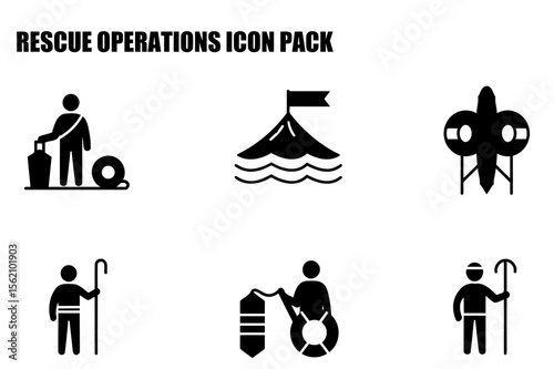 Rescue operation icons depicting various scenarios in a simple, symbolic style. First responders and equipment for water and land rescue operations.