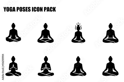 Yoga poses for women in various meditative postures. Simple black silhouettes of different yoga poses.