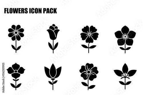 Black and white flower icons in various styles. Collection of stylized flower illustrations for use in graphic design.