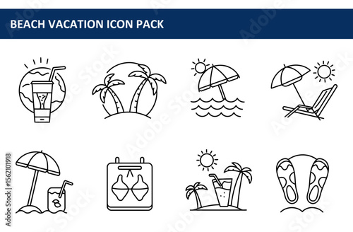 Beach vacation icon pack depicting various summer activities. Simple line art illustrations of beach-related elements, showcasing the enjoyment of a vacation by the sea.