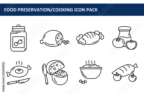 Food preservation/cooking icons showing various food items in different stages of preparation or preservation.