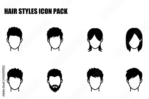 Hair styles icon pack. various hairstyles for men and women in a simple graphic design.