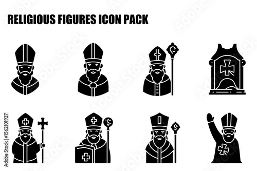 Religious figures icon pack, diverse religious leaders in traditional clerical garments, standing in various poses, displaying different attributes in a simple, flat design.