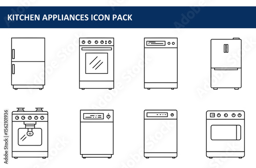 Kitchen appliance icons in a modern style. Simple line drawings of various kitchen appliances in a flat design.