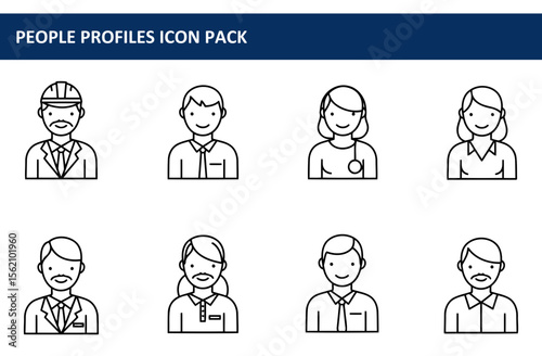 Line art illustration of diverse professional people in various attire and poses. Friendly and approachable professional icons for website, app, or social media use.