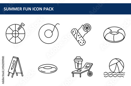Summer fun icon pack depicting various leisure activities in a resort.