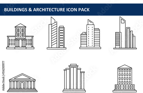 Line art illustrations of various buildings with architectural details. Collection of different building styles in a modern, minimalist presentation.