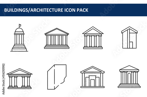 Line art collection of various architectural buildings with different styles. Simple and clean illustrations of governmental, historical, and commercial buildings.