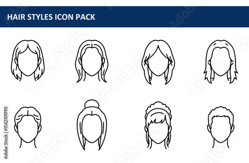 Hair styles for women and men in various styles displayed as simple line art icons. Different hairstyles with no background.